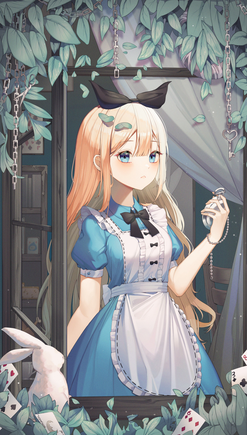 1girl absurdres alice_in_wonderland apron blonde_hair blue_dress blue_eyes blush bow breasts closed_mouth dress frilled_apron frills frown hair_between_eyes hair_bow highres huge_filesize indoors large_breasts long_hair looking_at_viewer original pinafore_dress pocket_watch shurb sidelocks solo standing watch window