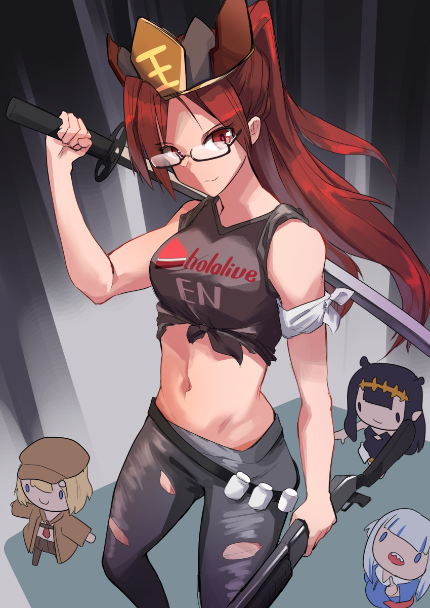 4girls absurdres bangs black_hair blonde_hair breasts chibi crown glasses gun highres holding holding_gun holding_weapon hololive hololive_english katana left_4_dead_2 logo looking_to_the_side medium_breasts midriff multiple_girls navel open_mouth original over_shoulder pointing pompmaker1 red_eyes redhead sharp_teeth sword teeth virtual_youtuber weapon white_hair