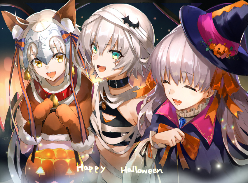 3girls absurdres animal_ears bandaged_arm bandages bangs bare_shoulders bell blush breasts closed_eyes collar dog_ears facial_scar fate/apocrypha fate/extra fate/grand_order fate_(series) green_eyes halloween_costume hat headpiece highres hoshi_rasuku huge_filesize jack_the_ripper_(fate/apocrypha) jeanne_d'arc_(fate)_(all) jeanne_d'arc_alter_santa_lily long_hair multiple_girls nursery_rhyme_(fate/extra) open_mouth ponytail scar scar_across_eye scar_on_cheek short_hair shoulder_tattoo silver_hair small_breasts smile tattoo white_hair witch_hat yellow_eyes