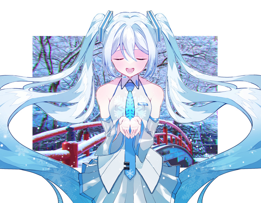 1girl bare_shoulders bare_tree blue_hair blue_necktie blurry blurry_background border bridge chromatic_aberration closed_eyes commentary cowboy_shot cupping_hands detached_sleeves facing_viewer glowing grey_skirt grey_sleeves hair_ornament hatsune_miku headset highres light_blue_hair light_blush long_hair necktie open_mouth own_hands_together photo_background rashu_kaito shirt skirt sleeveless sleeveless_shirt smile snow snowflake_print snowflakes solo tie_clip tree twintails very_long_hair vocaloid white_border white_shirt winter yuki_miku yuki_miku_(2010)