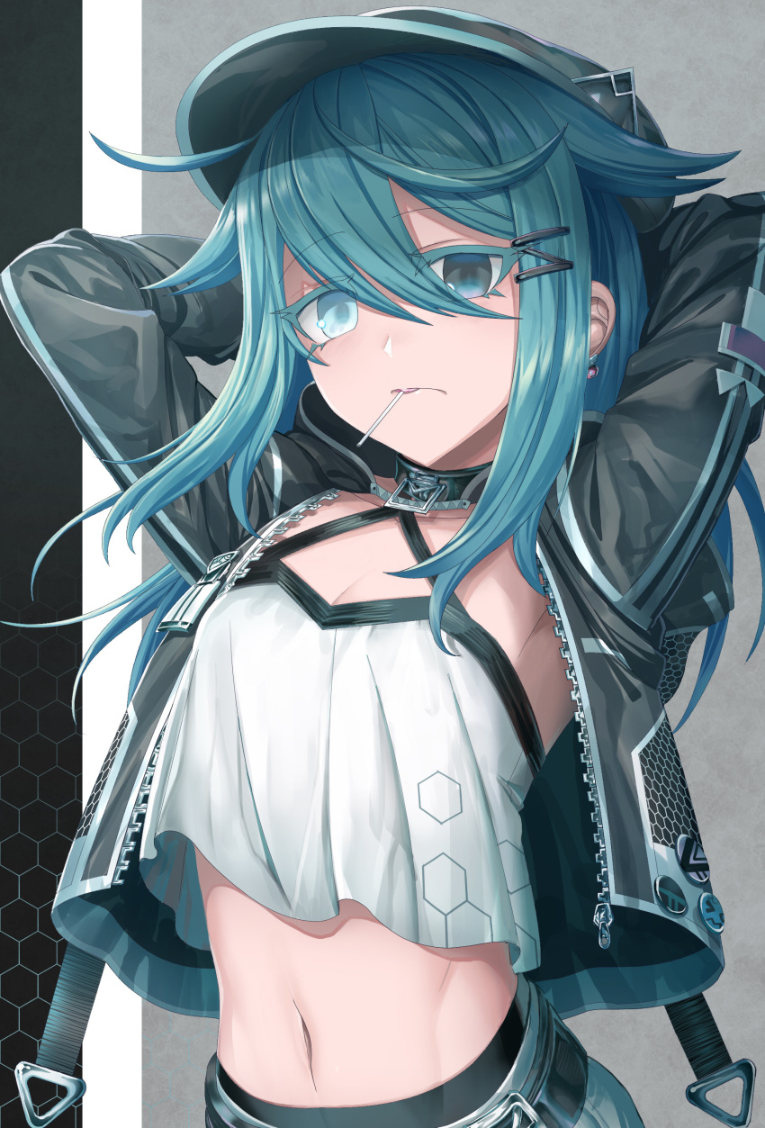 1girl absurdres arms_behind_back black_jacket black_panties closed_mouth crop_top earrings green_hair grey_eyes hair_between_eyes hair_flaps hair_ornament hands_up hat heterochromia highres jacket jewelry long_hair looking_at_viewer midriff mouth_hold navel open_clothes open_jacket original panties pants shichigatsu shirt solo underwear upper_body white_shirt