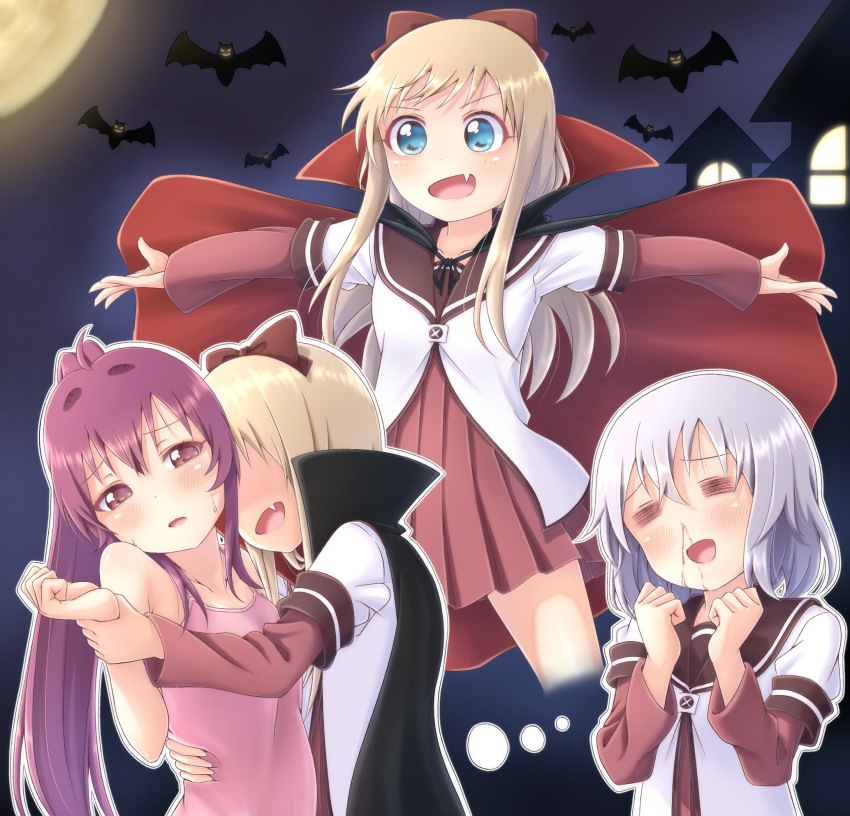 3girls =_= ahoge arm_grab bangs bat blonde_hair blood blue_eyes bow cape clenched_hands collarbone commentary_request fang grey_hair hair_bow hair_intakes halloween halloween_costume highres ikeda_chitose imagining long_hair long_sleeves medium_hair moon multiple_girls nanamori_school_uniform night nosebleed open_mouth outstretched_arms pontasu ponytail purple_hair red_bow sailor_collar school_uniform serafuku short_over_long_sleeves short_sleeves sugiura_ayano toshinou_kyouko vampire_costume violet_eyes yuri yuru_yuri