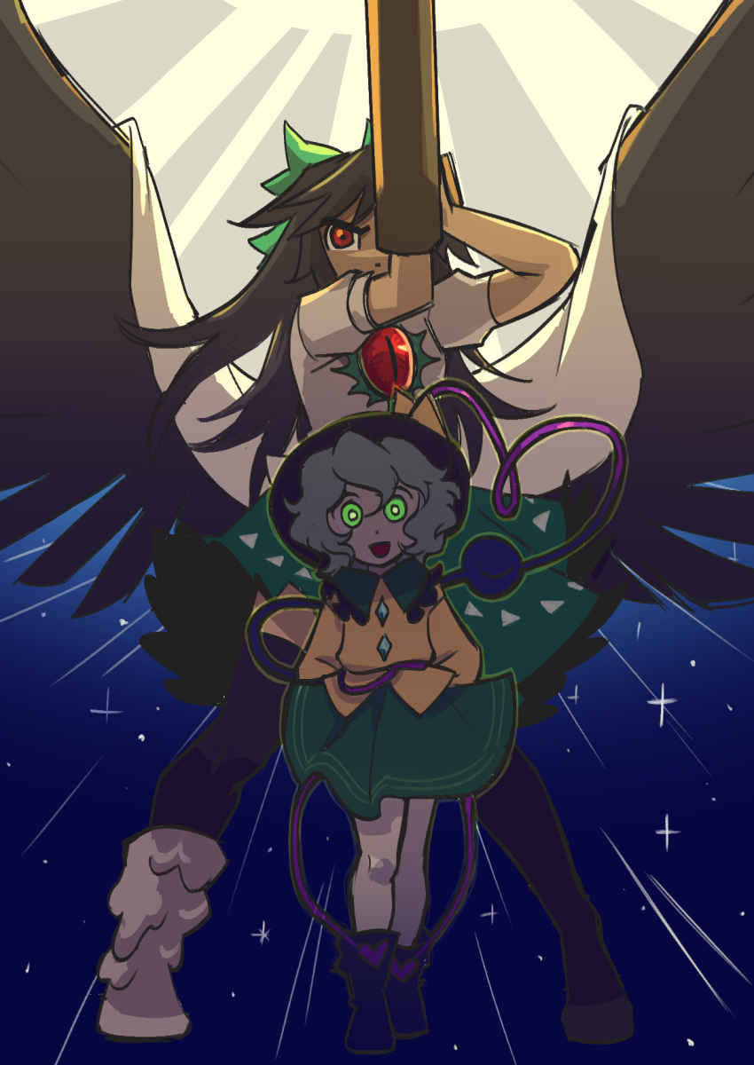 2girls arm_cannon arm_up bird_wings black_hat black_thighhighs bow brown_hair brown_wings buttons cape collared_shirt commentary control_rod diamond_button english_commentary eyeball frilled_shirt_collar frills full_body green_bow green_eyes green_hair green_skirt hair_between_eyes hair_bow hat hat_bow heart heart_of_string highres komeiji_koishi long_hair long_sleeves looking_at_viewer medium_bangs multiple_girls open_mouth print_cape puffy_short_sleeves puffy_sleeves reiuji_utsuho shirt short_hair short_sleeves skirt smile standing starry_sky_print taco_touhou thigh-highs third_eye touhou two-sided_cape two-sided_fabric v-shaped_eyebrows wavy_hair weapon white_cape white_shirt wings yellow_bow yellow_shirt