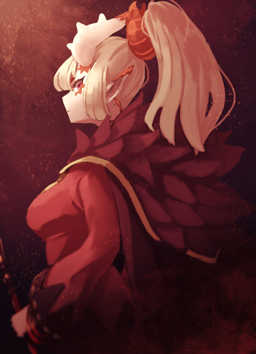 1girl blonde_hair cape closed_mouth cowboy_shot dress earrings eyeshadow feather_trim from_side highres hoop_earrings horns iga_(okame_nin) jewelry long_hair long_sleeves looking_at_viewer makeup okame_nin original pointy_ears ponytail profile red_dress red_eyes red_theme solo spiked_horns