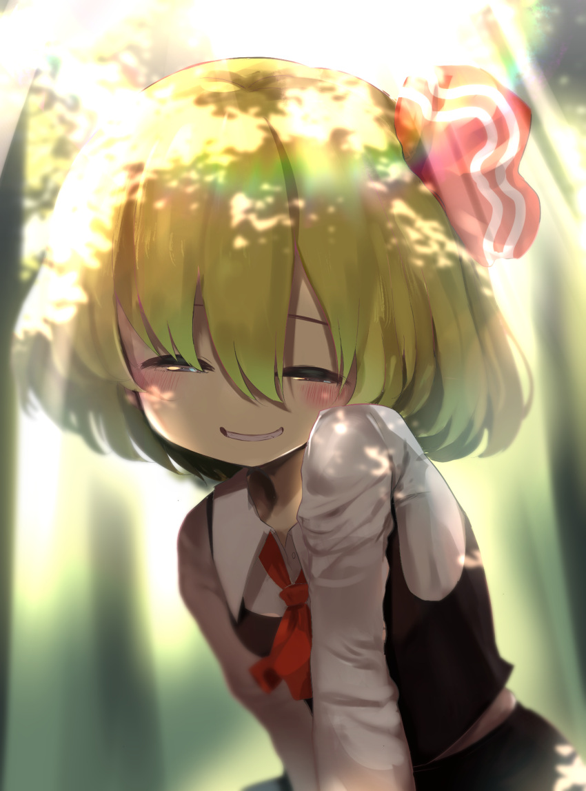 1girl ascot bangs black_vest blonde_hair blush buttons collared_shirt dappled_sunlight dress_shirt eyebrows_behind_hair gomeifuku grin half-closed_eyes highres light_rays long_sleeves no_nose red_eyes red_neckwear rumia shirt short_hair smile solo sunbeam sunlight teeth touhou vest white_shirt