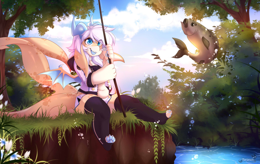 1girl artist_name black_legwear blue_eyes blue_tongue colored_tongue day fish fish_tail fishing fishing_rod furry highres holding holding_fishing_rod horns long_hair nami_(teranen) open_mouth original outdoors shark_tail sitting smile solo tail teranen thigh-highs tongue tongue_out white_hair