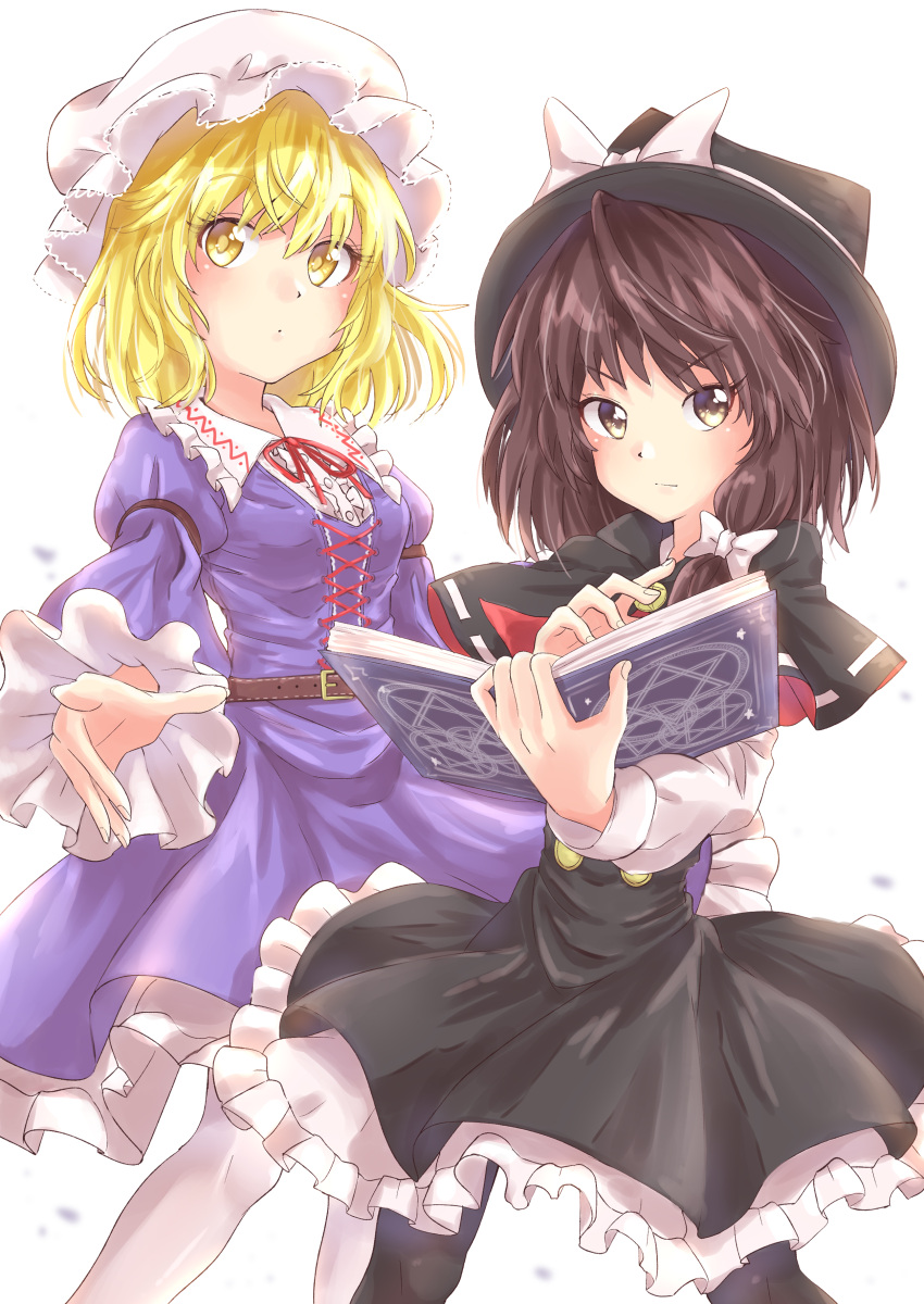 2girls absurdres blonde_hair book brown_hair capelet dress fedora hat hexagram highres holding holding_book magic_circle maribel_hearn mob_cap multiple_girls neck_ribbon purple_dress ramie_(ramie541) red_neckwear ribbon shirt star_of_david touhou usami_renko white_shirt