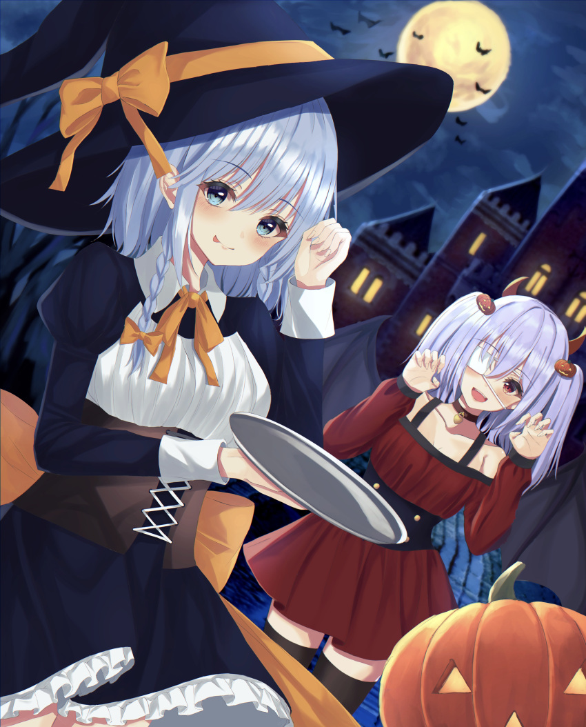 2girls :p absurdres alternate_costume alternate_hairstyle arm_up arms_up bangs bat bat_wings black_dress black_legwear blue_eyes blush braid choker claw_pose collarbone commentary cowboy_shot dress dutch_angle eyepatch full_moon hair_ornament halloween halloween_costume hat highres holding holding_tray izayoi_sakuya jack-o'-lantern jack-o'-lantern_hair_ornament juliet_sleeves kure:kuroha long_sleeves looking_at_viewer moon multiple_girls neck_ribbon night off-shoulder_dress off_shoulder orange_neckwear outdoors petticoat puffy_sleeves red_dress red_eyes remilia_scarlet ribbon scarlet_devil_mansion sett short_hair silver_hair standing thigh-highs tongue tongue_out touhou tray twin_braids two_side_up underbust wings witch_costume witch_hat zettai_ryouiki