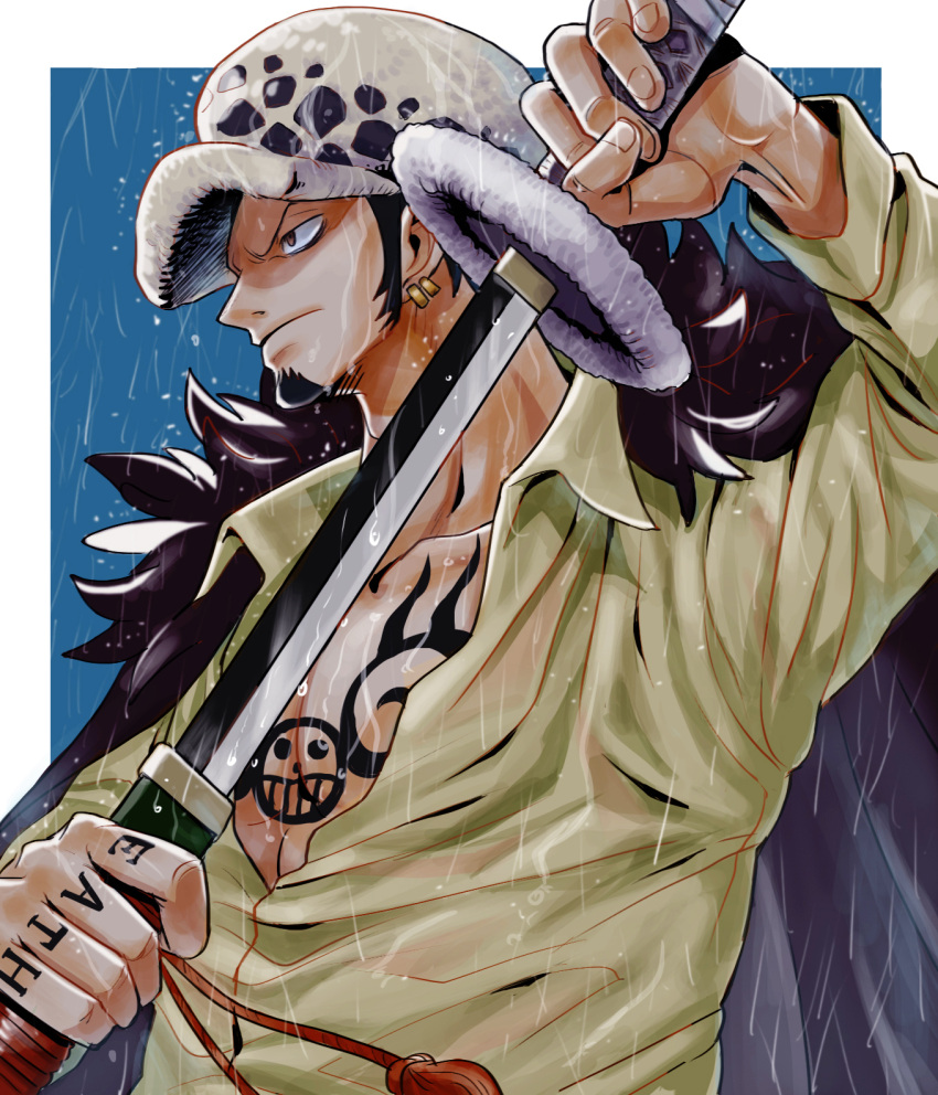 1boy arm_up black_hair brown_eyes chest chest_tattoo closed_mouth coat collarbone drawing_sword dripping earrings facial_hair finger_tattoo fingernails fur_coat goatee hand_tattoo hat highres holding holding_sheath holding_sword holding_weapon jewelry living_(pixiv5031111) looking_afar male_focus one_piece rain scabbard see-through sheath shirt sideburns solo sword tattoo trafalgar_law unsheathing upper_body v-shaped_eyebrows water weapon wet wet_clothes wet_floor wet_shirt