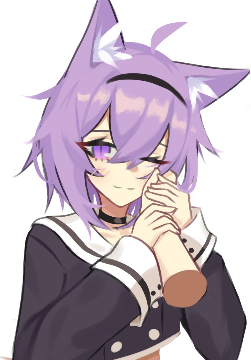 1girl absurdres animal_ear_fluff animal_ears blush cat_ears cat_tail choker detached_arm ghost_(tama) hand_on_another's_cheek hand_on_another's_face highres hololive looking_at_viewer nekomata_okayu one_eye_closed pov purple_hair solo tail violet_eyes virtual_youtuber