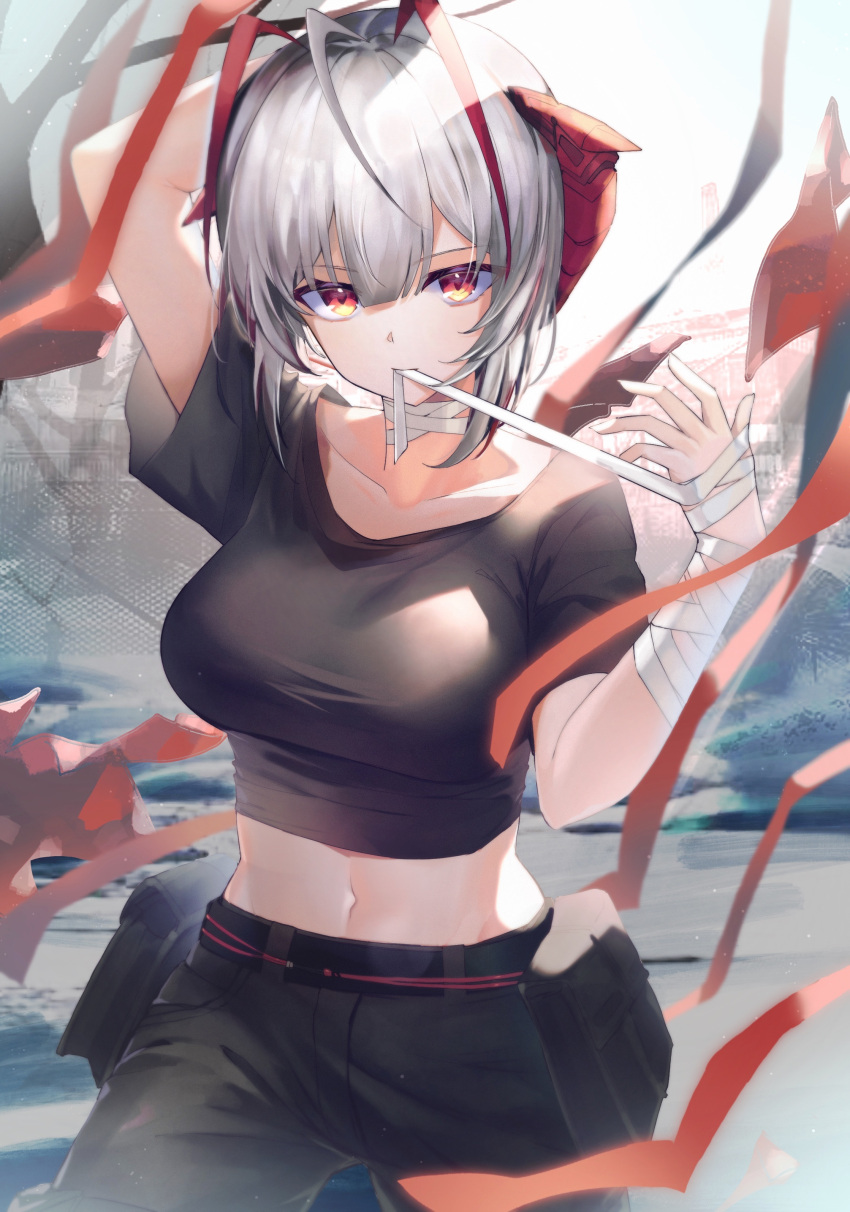 1girl absurdres ahoge antennae arknights arm_up bandaged_arm bandaged_neck bandages bangs black_pants black_shirt breasts collarbone commentary cowboy_shot crop_top hair_between_eyes hand_up highres horns large_breasts lims_(neko2lims) looking_at_viewer midriff mouth_hold navel pants pouch red_eyes shirt short_hair short_sleeves silver_hair solo standing w_(arknights)