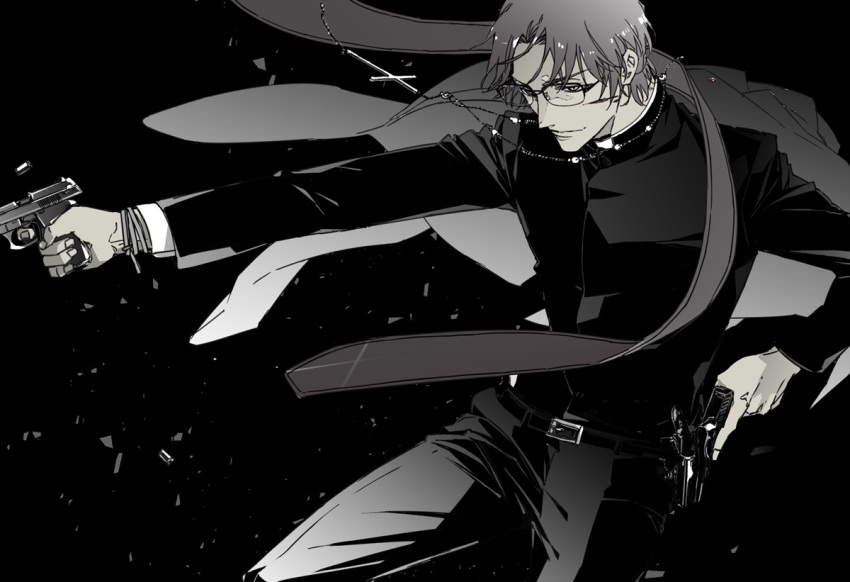 1boy bangs belt black_background closed_mouth commentary_request cross cross_necklace dual_wielding glasses greyscale gun high_collar holding holding_gun holding_weapon jacket jacket_removed jewelry long_sleeves male_focus meitantei_conan monochrome mrc-k necklace okiya_subaru pants priest shell_casing shiny shiny_hair shirt shirt_tucked_in short_hair solo weapon
