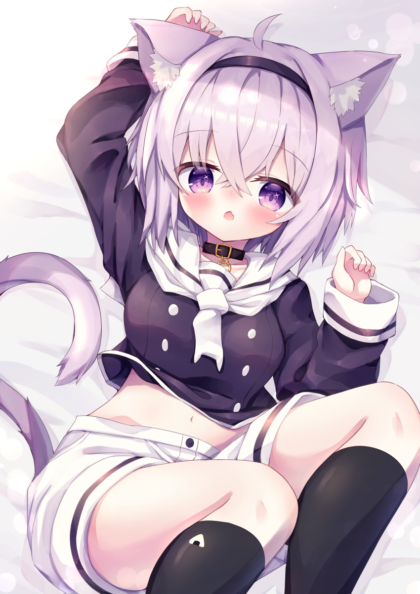 1girl absurdres ahoge animal_ear_fluff animal_ears arm_up bangs bed_sheet black_collar black_hairband black_legwear black_shirt blush breasts cat_ears cat_girl cat_tail collar commentary_request eyebrows_visible_through_hair fang feet_out_of_frame hair_between_eyes hairband hand_up highres hololive long_sleeves looking_at_viewer lying medium_breasts navel nekomata_okayu on_back onigiri_print parted_lips purple_hair sailor_collar shirt short_shorts shorts solo tail thigh-highs violet_eyes virtual_youtuber waste_(arkaura) white_neckwear white_sailor_collar white_shorts wide_sleeves