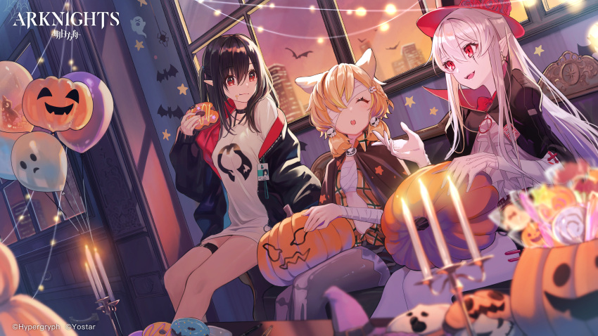 3girls :d ^_^ absurdres arknights balloon bandage_over_one_eye bangs black_choker black_hair black_jacket choker closed_eyes closure_(arknights) copyright_name doughnut flower food hair_between_eyes hand_up hat hat_flower highres holding holding_food indoors jacket kroos_(arknights) long_hair long_sleeves looking_at_another magako multiple_girls off_shoulder open_mouth pointy_ears red_eyes red_flower red_headwear red_rose rose sarashi scar scar_across_eye shirt silver_hair smile t-shirt warfarin_(arknights) white_shirt window