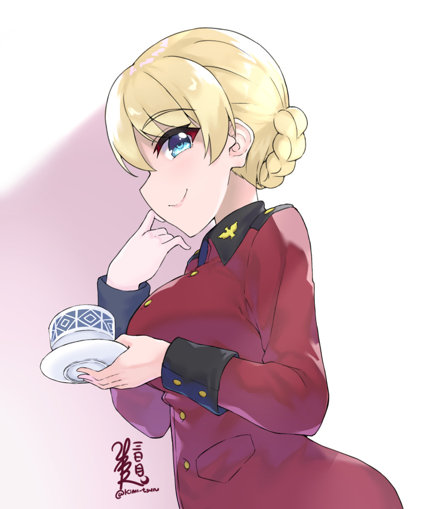 1girl absurdres artist_name bangs blonde_hair blue_eyes braid closed_mouth commentary cup darjeeling_(girls_und_panzer) dated epaulettes eyebrows_visible_through_hair from_side girls_und_panzer highres holding holding_cup holding_saucer jacket kimi_tsuru long_sleeves looking_at_viewer military military_uniform red_jacket saucer short_hair signature smile solo st._gloriana's_military_uniform teacup tied_hair twin_braids twitter_username uniform upper_body