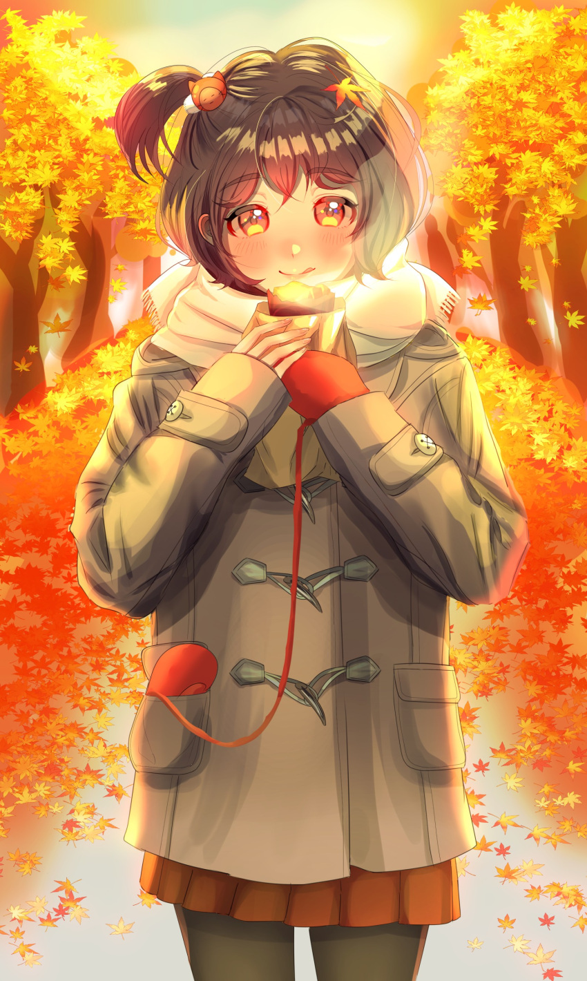 1girl absurdres ah-chan animal_hair_ornament autumn autumn_leaves brown_hair coat food highres leaf licking_lips maple_leaf mittens orange_eyes original outdoors pantyhose scarf short_hair short_sidetail solo sweet_potato tongue tongue_out yakiimo