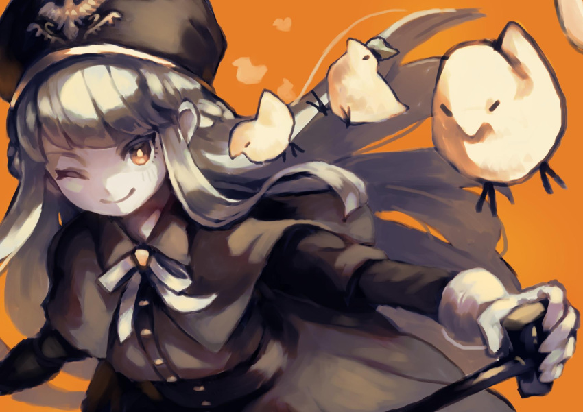 1girl bird black_capelet black_dress black_headwear blonde_hair borrowed_character bright_pupils brown_eyes capelet chick closed_mouth dress floating_hair hat highres holding holding_stick junior_(gogalking) long_hair long_sleeves looking_at_viewer okame_nin one_eye_closed orange_background original smile solo stick walking_stick
