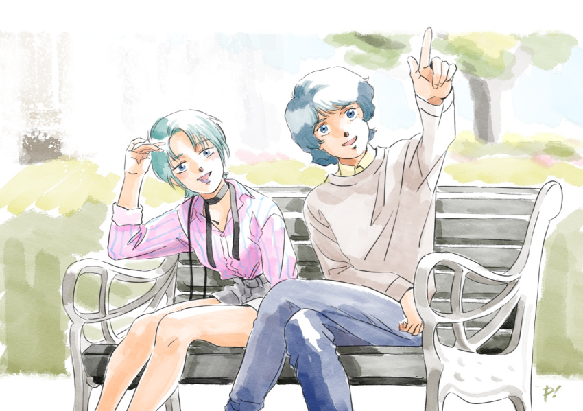 1boy 1girl aqua_hair bench blue_eyes blue_hair choker crossed_arms four_murasame gundam kamille_bidan penta_(20vdohc) short_hair shorts sitting smile sweater zeta_gundam