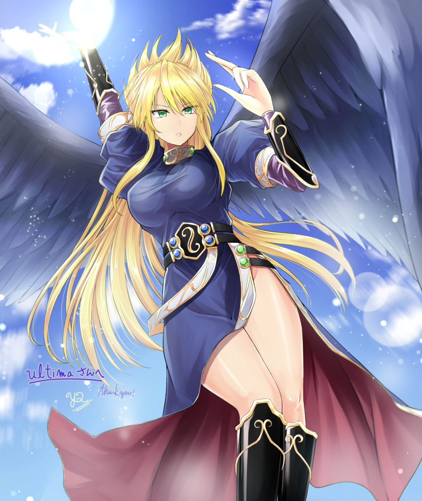 1girl absurdres angel_wings artist_name blonde_hair blue_sky boots breasts breath_of_fire breath_of_fire_ii bridal_gauntlets clouds commission commissioner_upload day dress flying green_eyes hand_up highres knee_boots large_breasts lens_flare long_hair nina_(breath_of_fire_ii) purple_wings side_slit signature skeb_commission sky solo wings y2