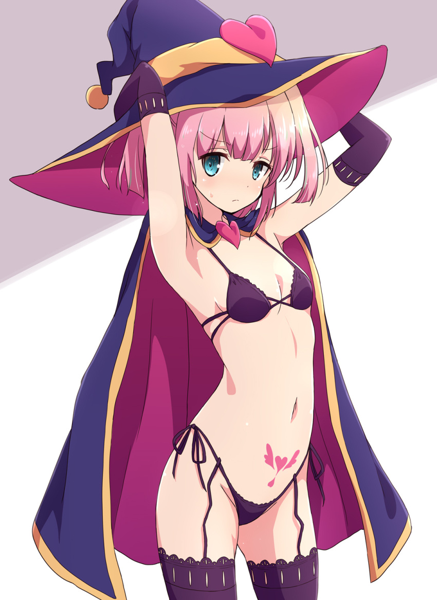 1girl aqua_eyes armpits arms_behind_head bangs black_bra black_legwear black_panties blue_cape blue_headwear blunt_bangs blush bra breasts cape chiyoda_momo closed_mouth eyebrows_visible_through_hair garter_straps halloween hat heart highres looking_at_viewer machikado_mazoku mel_(melty_pot) panties pink_hair short_hair side-tie_panties small_breasts solo stomach_tattoo tattoo thigh-highs underwear witch_hat