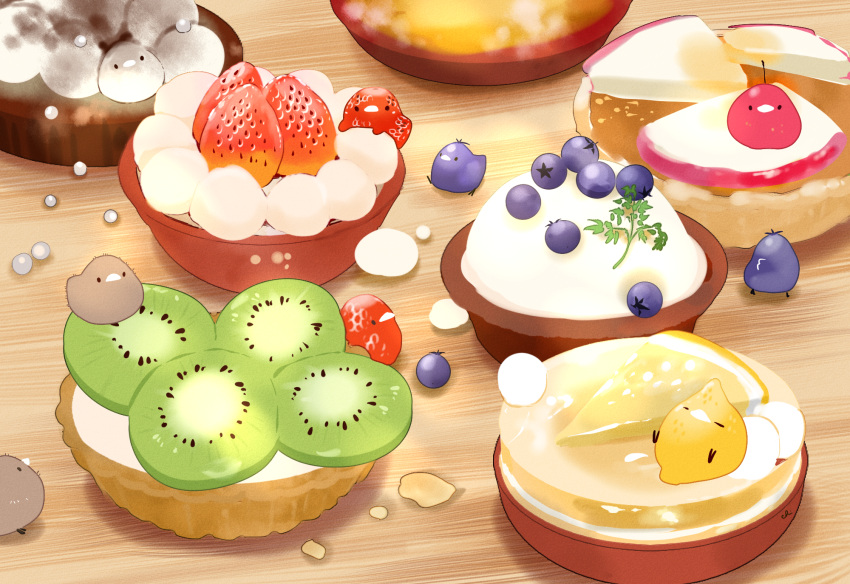 bird blueberry chai commentary_request food fruit highres kiwi_slice kiwifruit lemon lemon_slice messy no_humans original pear signature sitting_on_food strawberry tart_(food) undersized_animal wooden_table