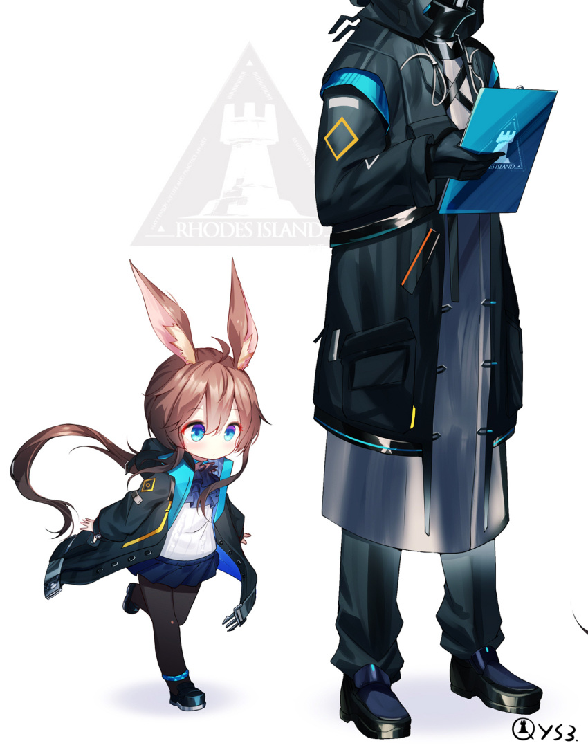 1boy 1girl 1other amiya_(arknights) animal_ear_fluff animal_ears arknights ascot bangs black_footwear black_gloves black_jacket black_legwear black_pants blue_eyes blue_neckwear blue_skirt blush brown_hair commentary_request doctor_(arknights) eyebrows_visible_through_hair gloves hair_between_eyes hand_up highres holding jacket long_hair long_sleeves looking_down low_ponytail notepad open_clothes open_jacket pants pantyhose pleated_skirt ponytail puffy_long_sleeves puffy_sleeves qys3 rabbit_ears shadow shirt shoes skirt sleeves_past_wrists solo_focus standing twitter_username very_long_hair white_background white_shirt younger