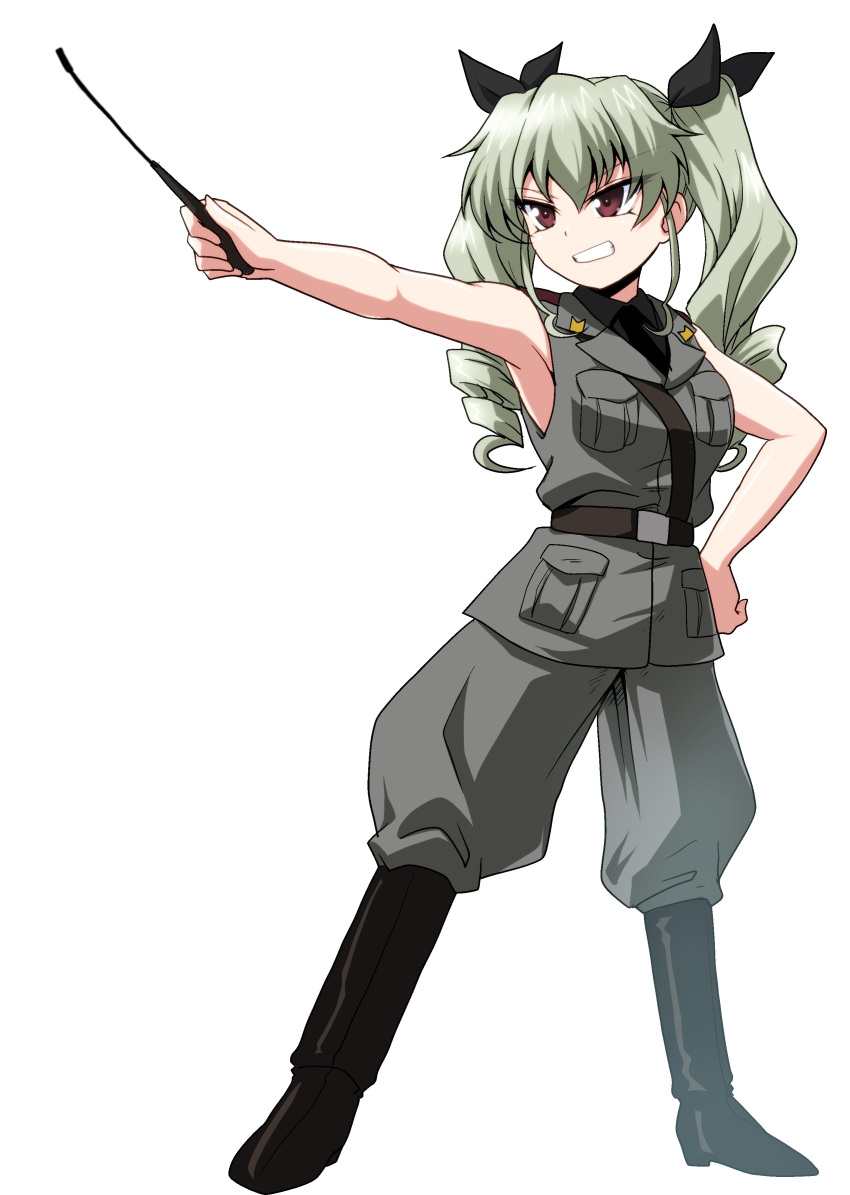 1girl absurdres adapted_costume anchovy_(girls_und_panzer) anzio_military_uniform bangs belt black_belt black_footwear black_neckwear black_ribbon black_shirt boots commentary dress_shirt drill_hair eyebrows_visible_through_hair full_body girls_und_panzer green_hair grey_jacket grey_pants grin hair_ribbon hand_on_hip highres holding jacket kamishima_kanon knee_boots long_hair looking_to_the_side military military_uniform necktie pants red_eyes ribbon riding_crop sam_browne_belt shirt simple_background sleeveless sleeveless_jacket smile solo standing twin_drills twintails uniform white_background wing_collar