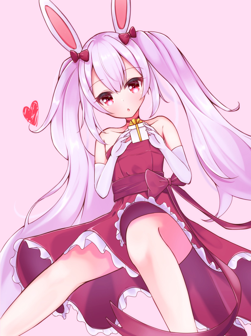 1girl animal_ears azur_lane bare_shoulders birthday bow box choker dress elbow_gloves fake_animal_ears feet_out_of_frame gift gift_box gloves hair_between_eyes hair_bow highres hirosha laffey_(azur_lane) long_hair parted_lips pink_background rabbit_ears red_bow red_choker red_dress red_eyes ribbon simple_background solo strapless strapless_dress thighs twintails waist_bow white_gloves white_hair