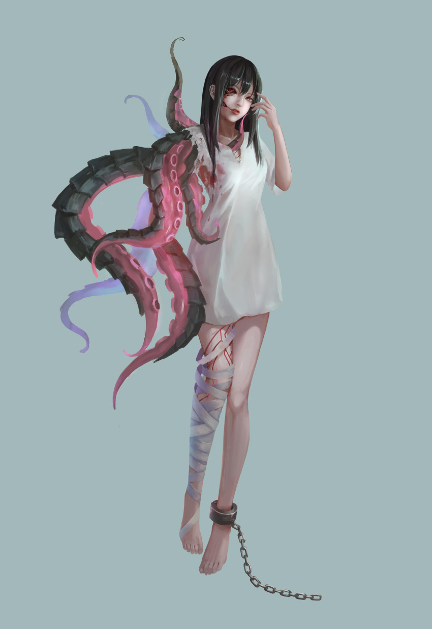 1girl absurdres bandaged_leg bandages barefoot black_hair blood blue_pupils collarbone eldritch_abomination extra_eyes hair_between_eyes heterochromia highres long_hair lunaplum original parted_lips pink_lips red_eyes red_sclera solo tentacles torn torn_clothes violet_eyes