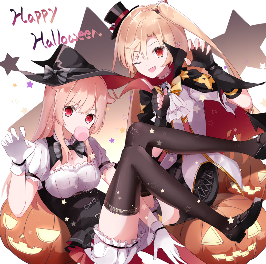 2girls a.a_(aa772) ascot azur_lane bangs black_cape black_footwear black_gloves black_headwear black_legwear black_shorts bloomers bow breasts brown_hair cape claw_pose cleveland_(azur_lane) cleveland_(devil_fever)_(azur_lane) columbia_(azur_lane) commentary_request eyebrows_visible_through_hair fingerless_gloves gloves hair_between_eyes halloween halloween_costume hand_up happy_halloween hat index_finger_raised jack-o'-lantern light_brown_hair long_hair medium_breasts mini_hat mini_top_hat multiple_girls one_side_up pointy_ears puffy_short_sleeves puffy_sleeves red_cape red_eyes shirt shoes short_shorts short_sleeves shorts starry_background thigh-highs tilted_headwear top_hat torn_cape torn_clothes underwear very_long_hair white_background white_bloomers white_gloves white_neckwear white_shirt witch_hat yellow_bow