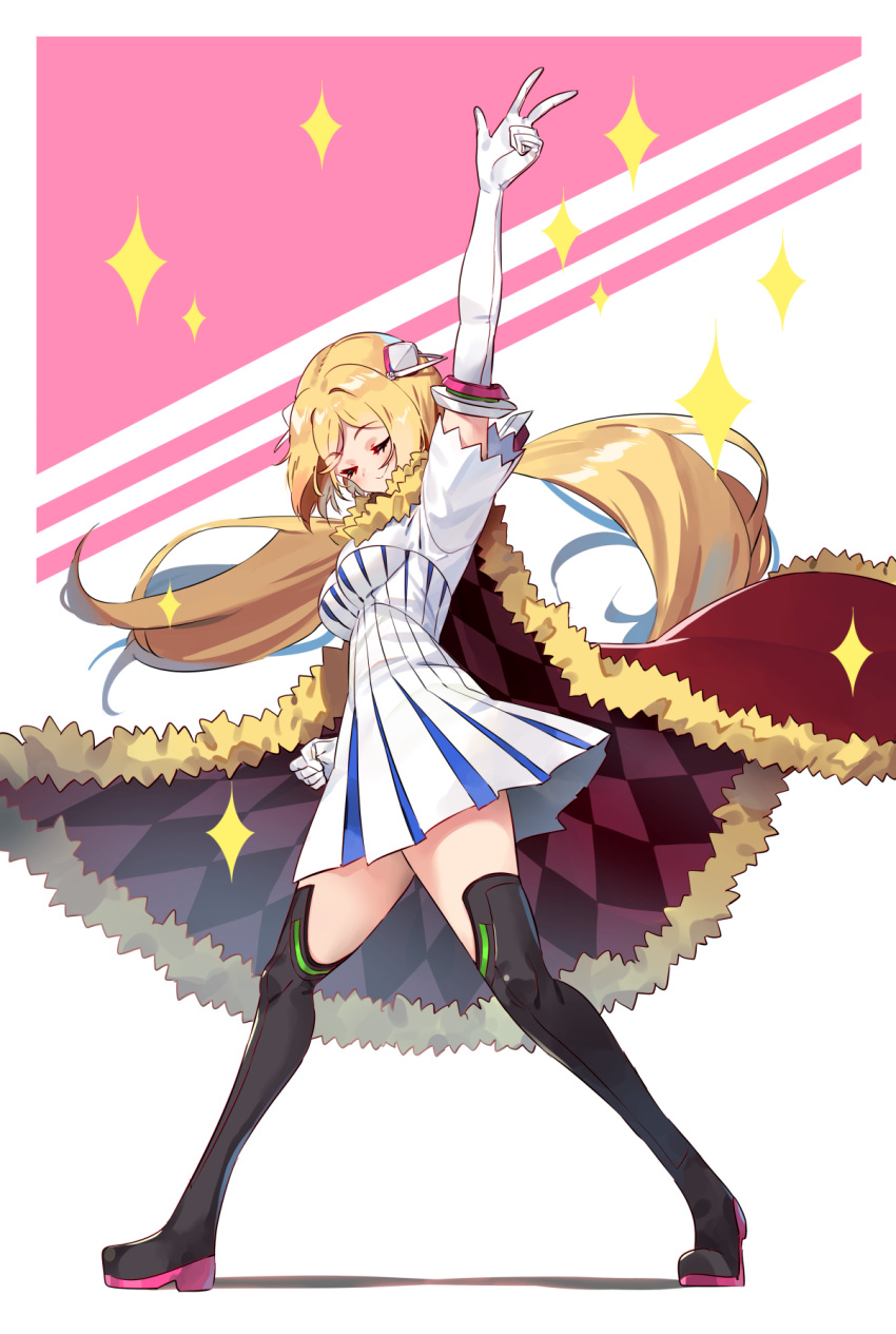 1girl aki_rosenthal arm_up black_footwear blonde_hair boots cape cloak closed_eyes disembodied_hair dress elbow_gloves electriccross fist_pump fur-trimmed_cape fur_trim gloves hair_ornament highres hololive long_hair pleated_dress pokemon pokemon_(game) pokemon_swsh pose simple_background solo sparkle striped thigh-highs thigh_boots thighs twintails v vertical-striped_dress vertical_stripes very_long_hair virtual_youtuber white_background white_gloves
