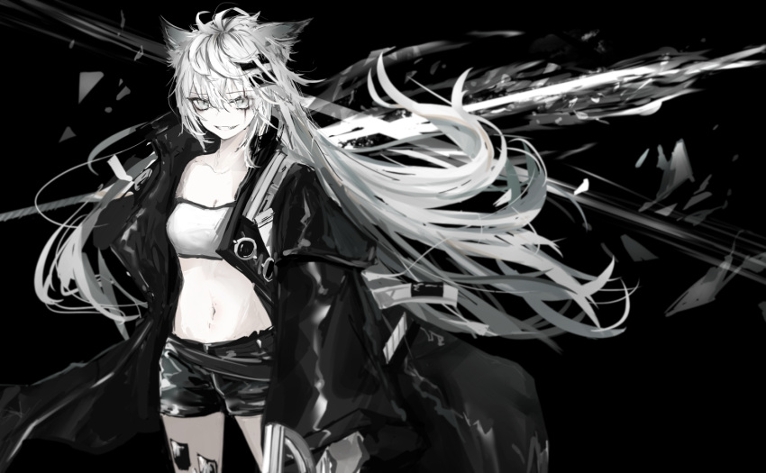 1girl animal_ears arknights bangs black_jacket cowboy_shot grey_eyes hair_between_eyes hair_ornament hairclip holding holding_sword holding_weapon jacket lappland_(arknights) long_hair long_sleeves midriff narue navel open_clothes open_jacket oripathy_lesion_(arknights) scar scar_across_eye shorts silver_hair smile solo strapless sword tubetop weapon white_tubetop wolf_ears wolf_girl