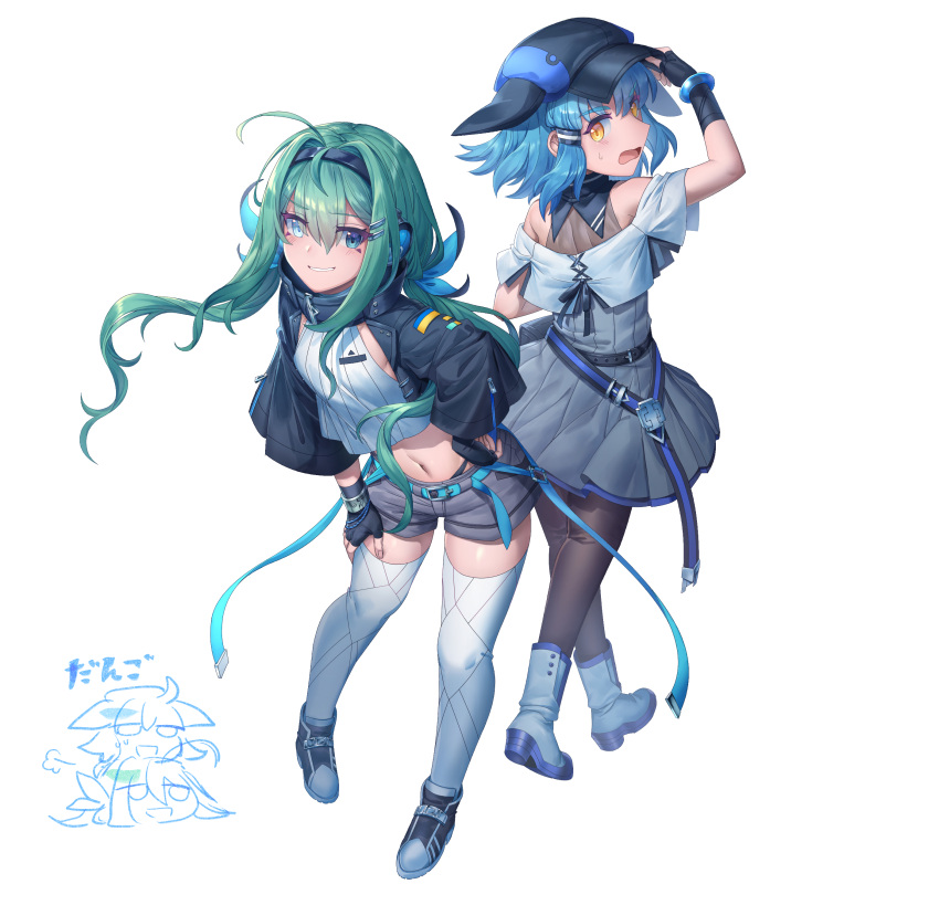 2girls absurdres ahoge akari_(shichigatsu) ankle_boots back-to-back bare_shoulders black_gloves black_headwear blue_eyes blue_hair boots chibi chibi_inset d: fingerless_gloves floating_hair gloves green_hair grey_shorts grey_skirt hairband hand_on_hip hand_up hat headphones heterochromia highres leaning_forward long_hair looking_at_viewer midriff multiple_girls navel off_shoulder open_mouth orange_eyes original panty_straps pigeon-toed pleated_skirt shichigatsu shoes shorts simple_background skirt smile sou_(shichigatsu) sweatdrop thigh-highs white_background white_legwear
