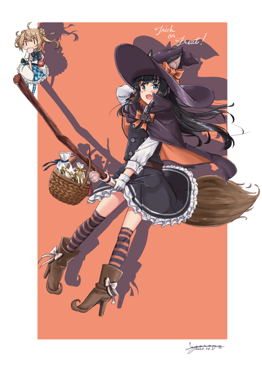 2girls absurdres animal_ears asashio_(kantai_collection) basket black_cape black_hair blue_eyes boots border broom broom_riding brown_footwear cape cat_ears cat_tail commentary_request double_bun dress frilled_dress frills full_body hat highres kantai_collection light_brown_hair long_hair long_sleeves michishio_(kantai_collection) minigirl multiple_girls official_alternate_costume orange_background pinafore_dress remodel_(kantai_collection) sagoromo_04 shirt short_twintails striped striped_legwear tail thigh-highs twintails two-tone_background white_border white_dress white_shirt witch_hat |_|