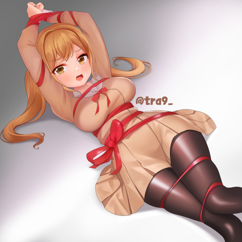 1girl arms_up bang_dream! black_legwear blonde_hair blush bound bound_legs bound_wrists breasts brown_eyes double-breasted dress eyebrows_visible_through_hair feet_out_of_frame gradient gradient_background hair_intakes hands_above_head highres ichigaya_arisa kim_hyun-kyung knees_together_feet_apart large_breasts long_hair long_sleeves looking_at_viewer lying on_back open_mouth pantyhose restrained ribbon ribbon_bondage school_uniform shade shiny shiny_clothes skirt solo taut_clothes twintails twitter_username wide_hips