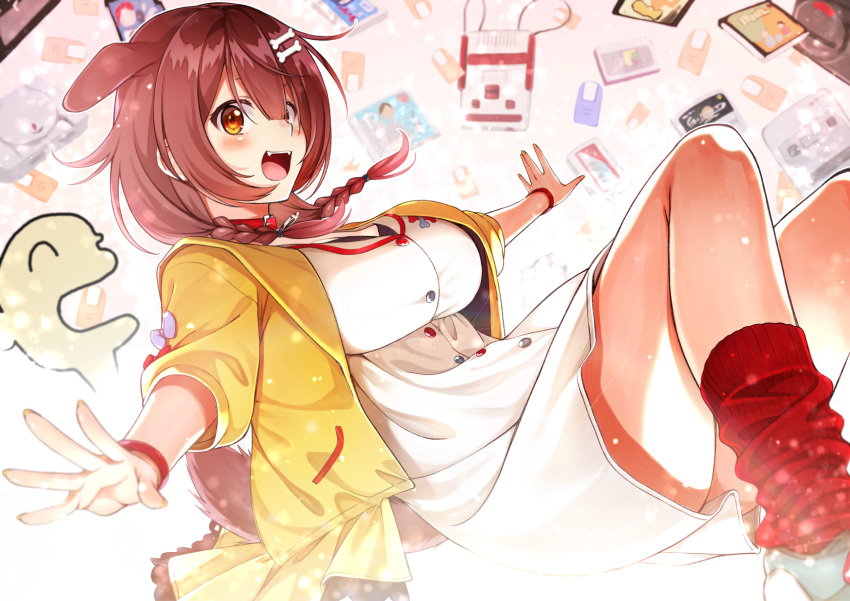 1girl :d animal_ears bone_hair_ornament breasts brown_hair cartoon_bone commentary_request dog_ears dog_girl dress fangs hair_ornament highres hololive inugami_korone jacket large_breasts looking_at_viewer open_mouth orange_eyes outstretched_arms smile socks solo takahashi_osamu teeth upper_teeth virtual_youtuber white_dress yellow_jacket
