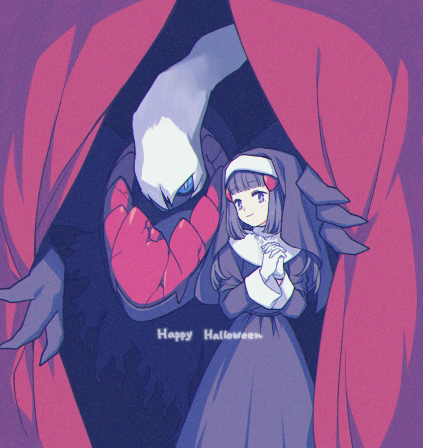 1girl bangs black_hair clothing_request commentary_request curtains darkrai hikari_(pokemon) eyebrows_visible_through_hair eyelashes gen_4_pokemon gloves grey_eyes hair_ornament hairclip hands_together happy_halloween highres interlocked_fingers komasawa_(fmn-ppp) light_smile long_hair long_sleeves mythical_pokemon pokemon pokemon_(creature) pokemon_(game) pokemon_dppt white_gloves