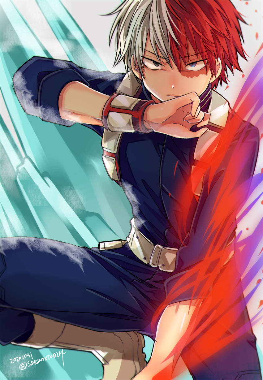 1boy absurdres artist_name bangs belt blue_eyes blue_pants boku_no_hero_academia boots burn_scar closed_mouth commentary_request dated fire grey_eyes hand_up heterochromia highres ice knee_boots long_sleeves looking_at_viewer male_focus multicolored_hair pants redhead sakamoto0214 scar serious shirt short_hair sitting solo todoroki_shouto two-tone_hair white_hair