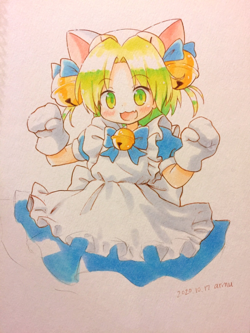 1girl :3 animal_hat apron arinu artist_name bangs bell blue_bow blue_dress blush bow bowtie cat_hat colored_pencil_(medium) commentary_request dated dejiko di_gi_charat dress eyebrows_visible_through_hair fang frilled_apron frilled_dress frills gloves green_eyes green_hair hat highres jingle_bell maid_apron open_mouth paw_gloves paws puffy_short_sleeves puffy_sleeves short_sleeves skin_fang solo traditional_media upper_body