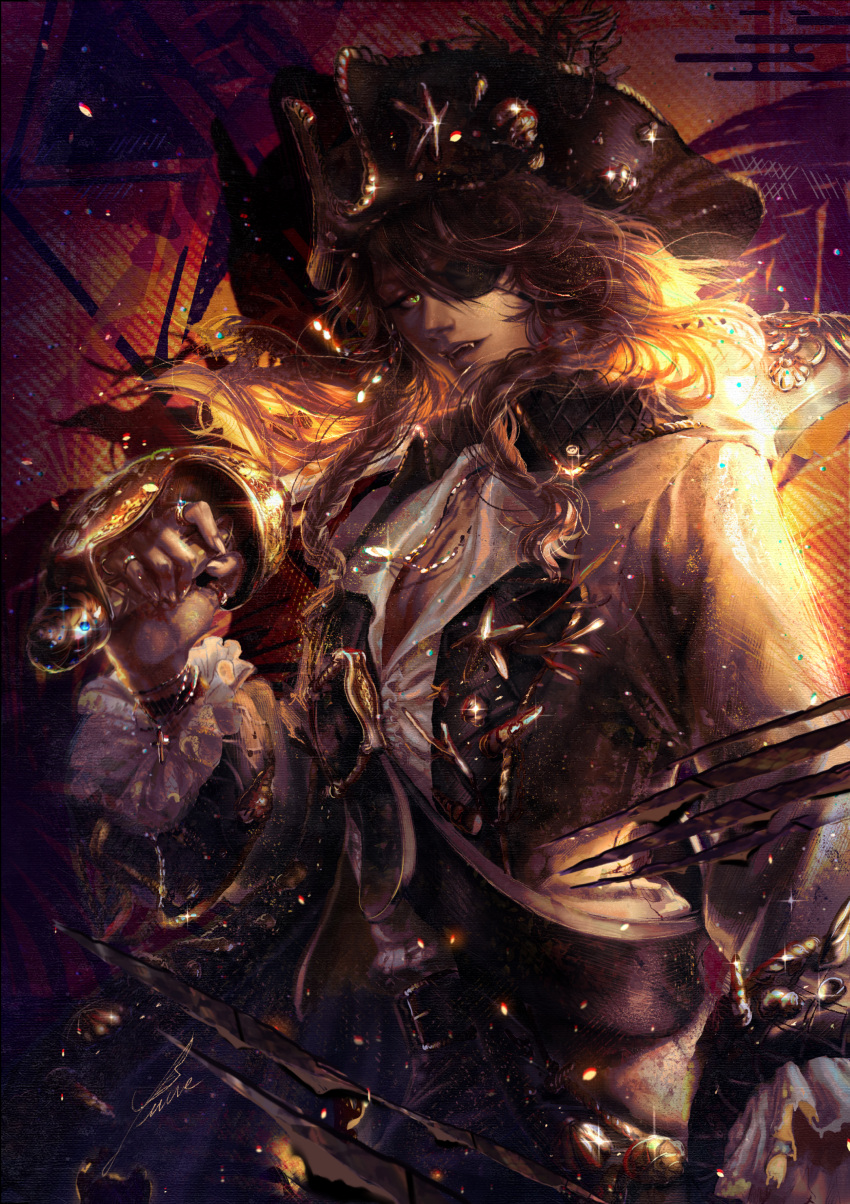 1boy absurdres bracelet brown_hair eyepatch fangs glint green_eyes hat highres holding holding_sword holding_weapon huge_filesize jewelry leona_kingscholar necklace over_shoulder pirate ring signature solo sword tricorne twisted_wonderland weapon yuuefa