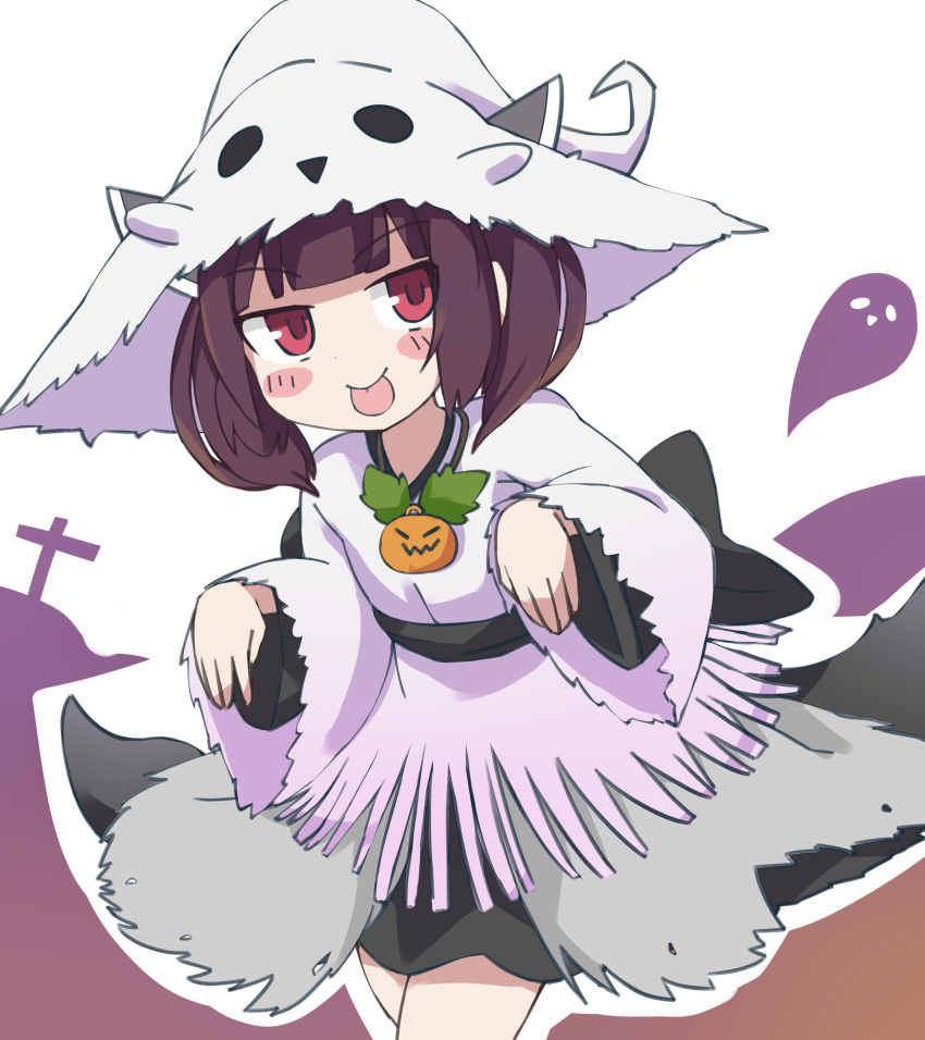 1girl :p absurdres bangs blunt_bangs blush_stickers brown_hair commentary cowboy_shot cross dress ghost ghost_pose halloween halloween_costume hat headgear highres jewelry necklace obi pelt pumpkin red_eyes sash short_hair silhouette solo tongue tongue_out touhoku_kiritan voiceroid white_background white_dress white_headwear zerueru11