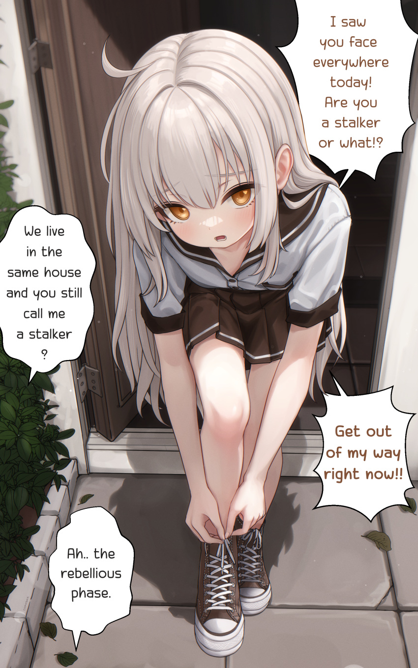 1girl absurdres alternate_language commentary comodox english_commentary english_text highres la_aong_(comodox) long_hair original paid_reward_available school_uniform shoes skirt solo