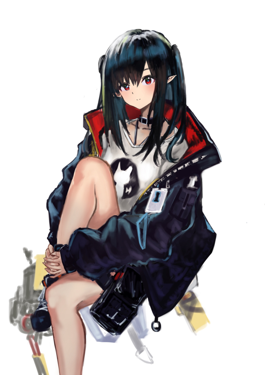1girl absurdres arknights bangs black_choker black_hair black_jacket choker closure_(arknights) collarbone hair_between_eyes highres holding_own_foot id_card jacket kit knee_to_chest light_blush long_hair long_sleeves looking_at_viewer open_clothes open_jacket pointy_ears red_eyes shirt solo twintails white_background white_shirt