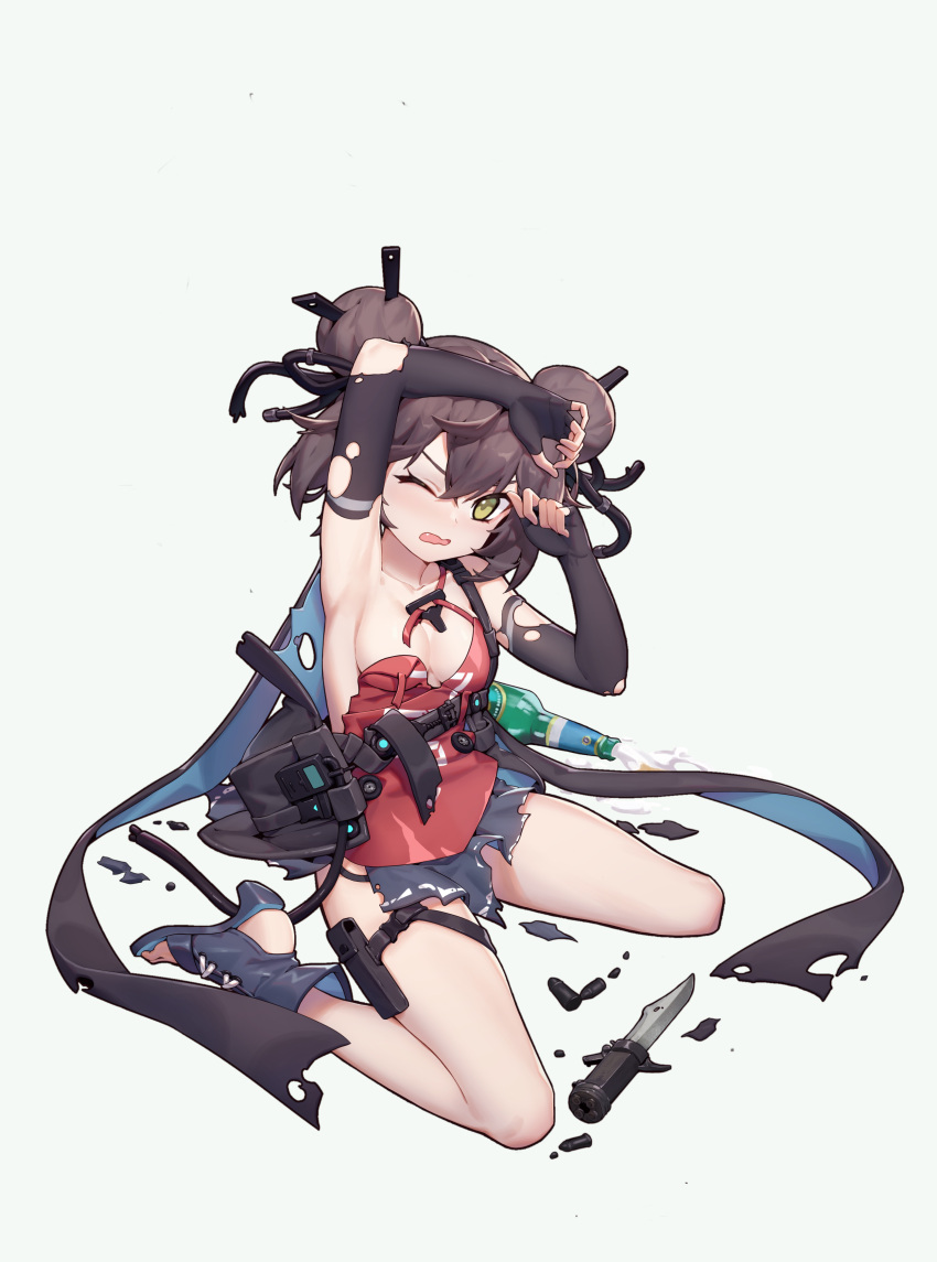 1girl ;o absurdres arm_up armpits bare_legs black_gloves breasts brown_hair character_request chunrijun_(springer) double_bun elbow_gloves fang fingerless_gloves full_body girls_frontline gloves green_eyes grey_background hair_ornament halterneck highres knife medium_breasts miniskirt official_art one_eye_closed sandals short_hair simple_background sitting skirt solo thigh_strap torn_clothes torn_gloves wariza