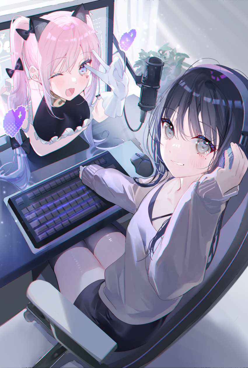 2girls adjusting_headphones animal_ears bangs black_bow black_bra black_dress black_shorts bow bra cat_ears collarbone commentary_request curtains desk dress fang from_above gloves grey_eyes grey_shirt hair_bow hair_over_shoulder hand_on_headphones headphones heart highres keyboard_(computer) light long_hair long_sleeves looking_at_viewer microphone miwano_rag monitor mouse_(computer) multiple_girls on_chair open_mouth original pink_hair plant shiny shiny_hair shirt shorts sidelocks sitting smile turtleneck underwear v white_gloves window