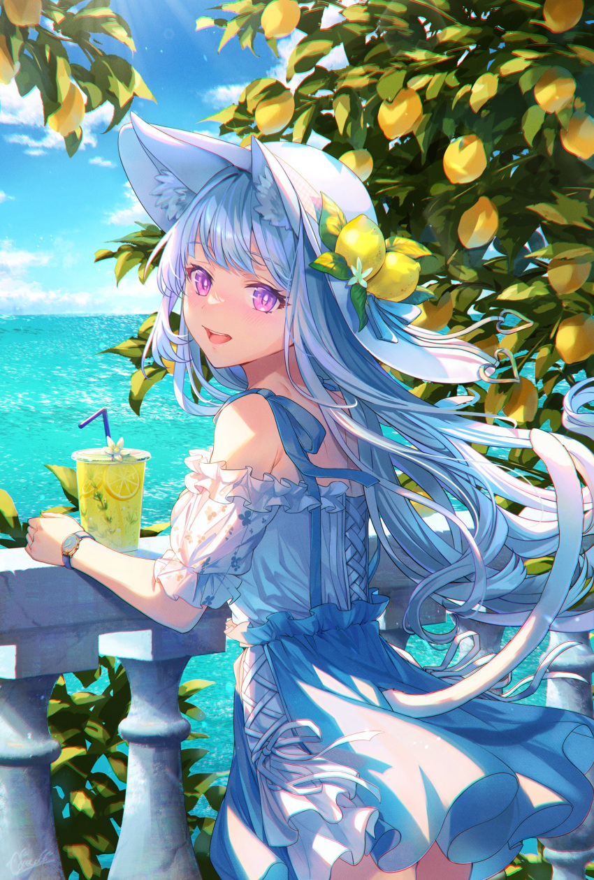 1girl absurdres animal_ears bare_shoulders blue_hair blush cat_ears cat_girl cat_tail cokecoco day dress food hat highres long_hair looking_at_viewer ocean open_mouth original outdoors skirt sky smile tail watch white_dress