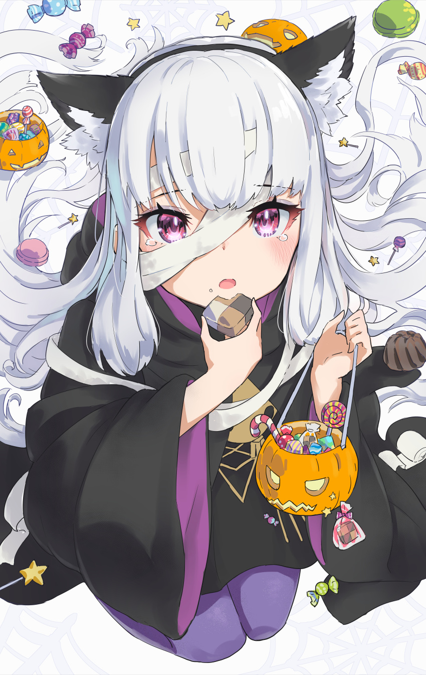 1girl absurdres animal_ears bandages blush candy candy_cane cat_ears fake_animal_ears fire_emblem fire_emblem:_three_houses food food_on_face from_above garreg_mach_monastery_uniform hairband halloween_basket halloween_costume hatsuga_(dmaigmai) highres hood huge_filesize jack-o'-lantern kneeling lollipop long_hair looking_at_viewer looking_up lysithea_von_ordelia open_mouth silk silver_hair simple_background sketch solo spider_web tears violet_eyes white_background