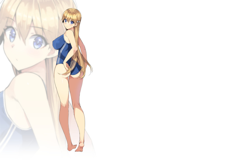 1girl adjusting_clothes adjusting_swimsuit ass barefoot blonde_hair blue_eyes bow breasts covered_nipples hair_bow kneepits large_breasts long_hair looking_at_viewer looking_back mariana_princilla one-piece_swimsuit ootomo_takuji reco_love swimsuit thick_thighs thighs wallpaper