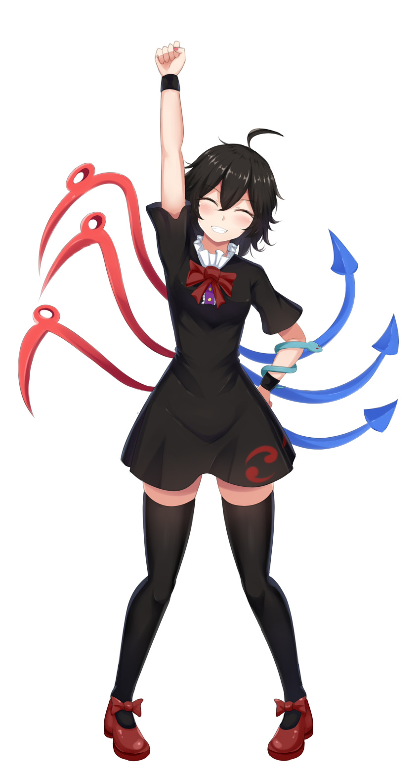 1girl absurdres arm_up asymmetrical_wings black_dress black_hair black_legwear blush bow clenched_hand closed_eyes curly_hair dress facing_viewer frilled_dress frills full_body grin hair_between_eyes hand_on_hip happy highres houjuu_nue legs legs_apart medium_hair red_footwear shoe_bow shoes simple_background skindentation smile snake solo thigh-highs thighs touhou white_background wings wuwusan