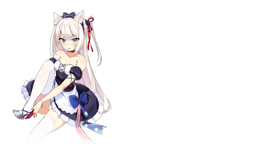 1girl adjusting_clothes adjusting_shoe american_flag animal_ears apron azur_lane bare_shoulders bow choker cuffs detached_sleeves frilled_skirt frills hair_bow hair_ornament hair_ribbon hammann_(azur_lane) long_hair maid_dress ootomo_takuji red_ribbon ribbon side_ponytail skirt thigh-highs wallpaper white_background white_hair wrist_cuffs